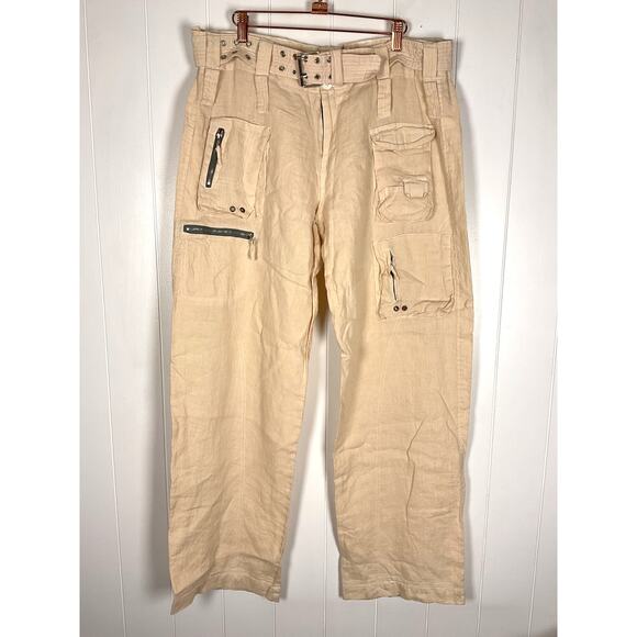 Pete & Grata Johnny Was Women's Tan Linen Y2K‎ Wide Leg Cargo Pants Size 12